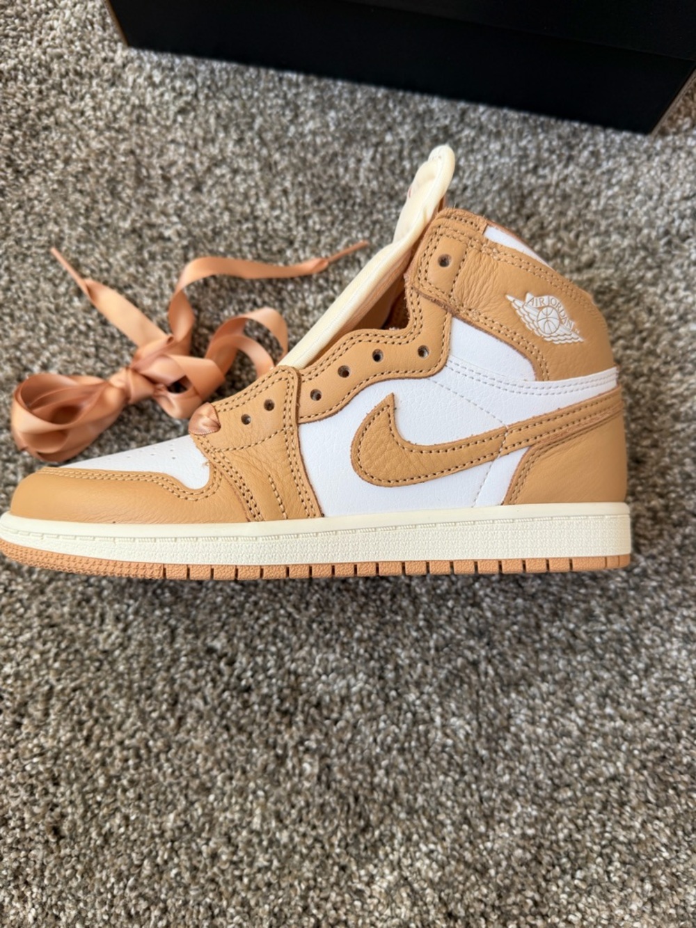 New Jordan Kids High-Top Sneakers in White and Tan with Tan Ribbon Laces